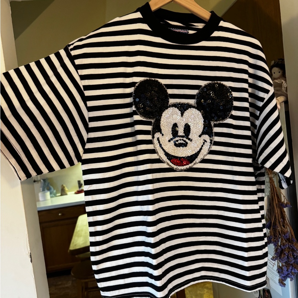 Disney Black and White Striped Mickey Mouse T-Shirt
